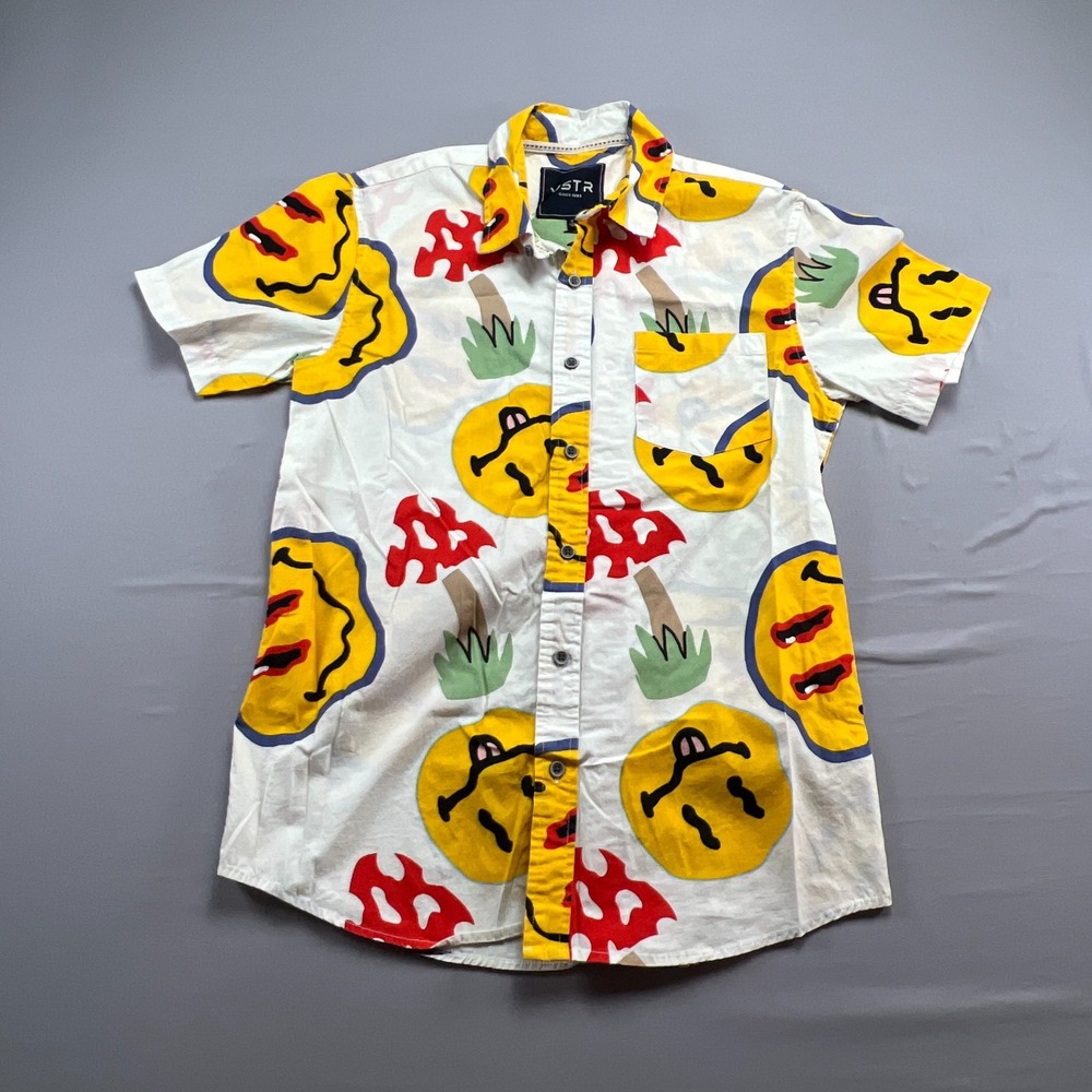 VSTR Shirt Women M Multicolor Smiley Faces And Mushroom Graphic Cotton Button Up